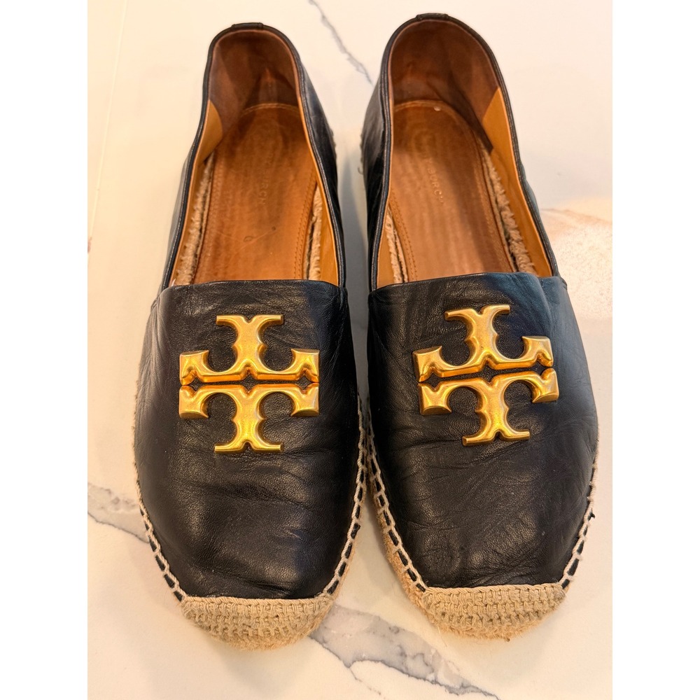 Tory Burch Elanor Black Leather Espadrille Flats Gold Logo Size 9.5